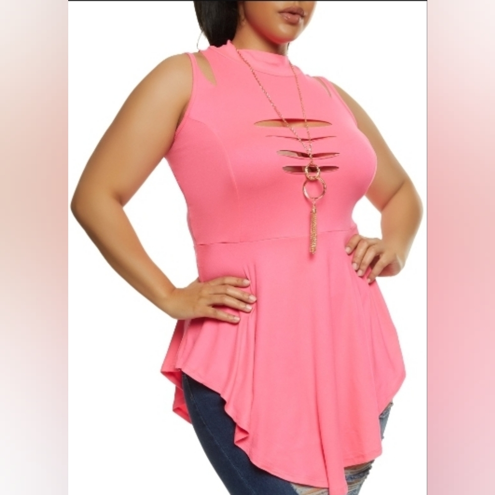 Rainbow Plus Size Laser Cut Ruffled Hem Top, Neon Pink-1X